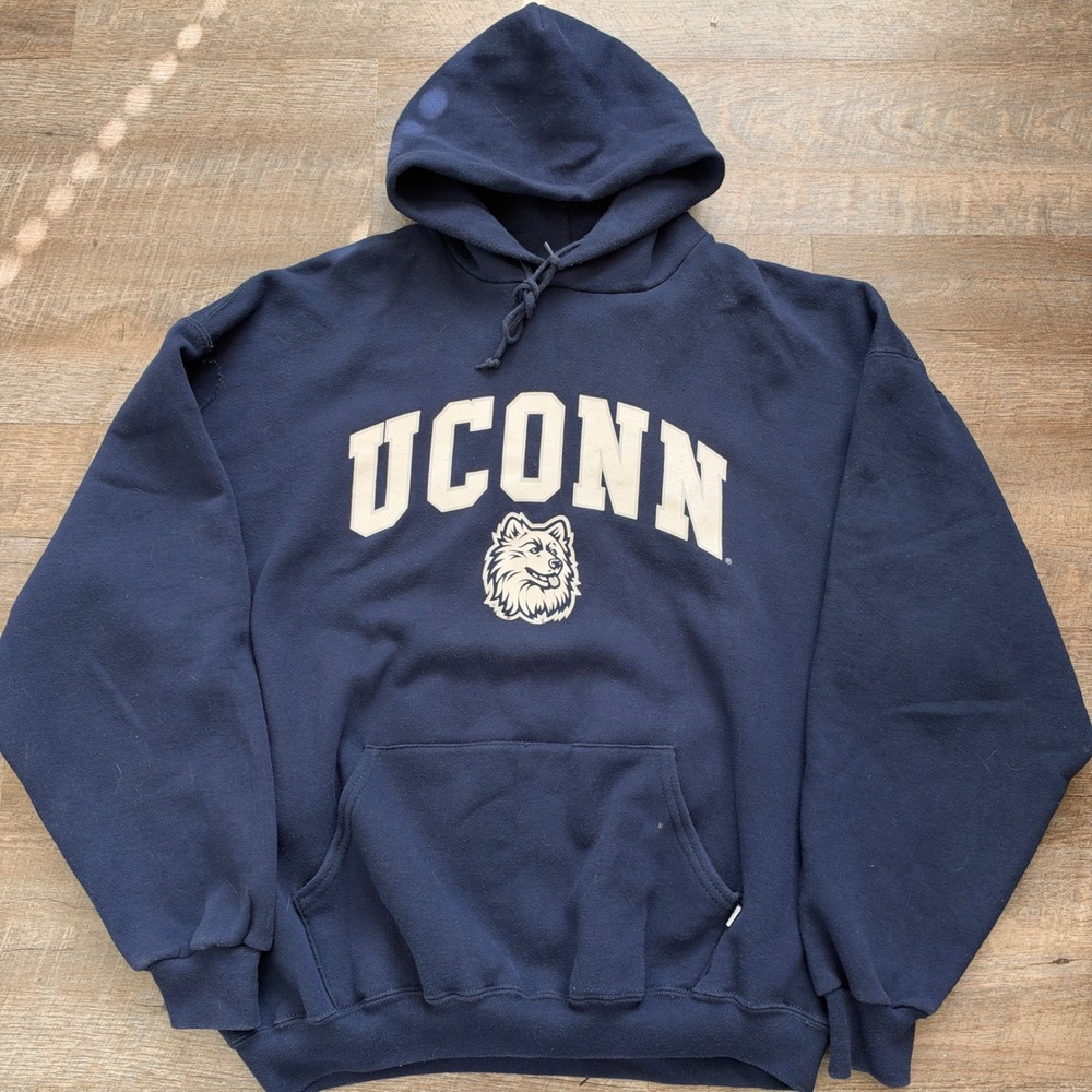 UConn Huskies Hoodie Russell Athletics XXL Relaxed Navy Blue Screen Print Logo